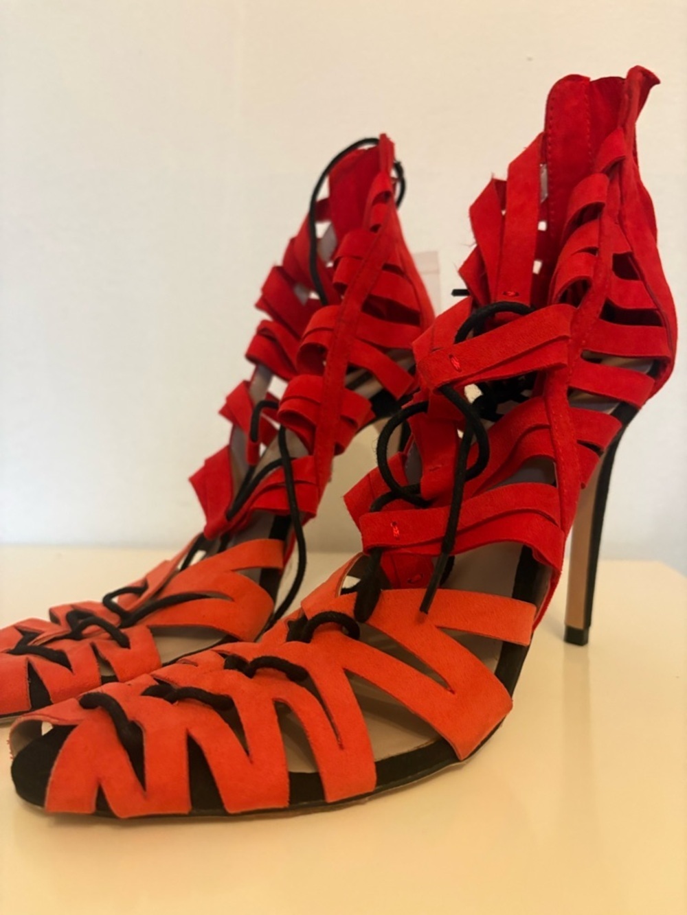 Zara Red and Orange Suede Lace-Up Stiletto Sandals